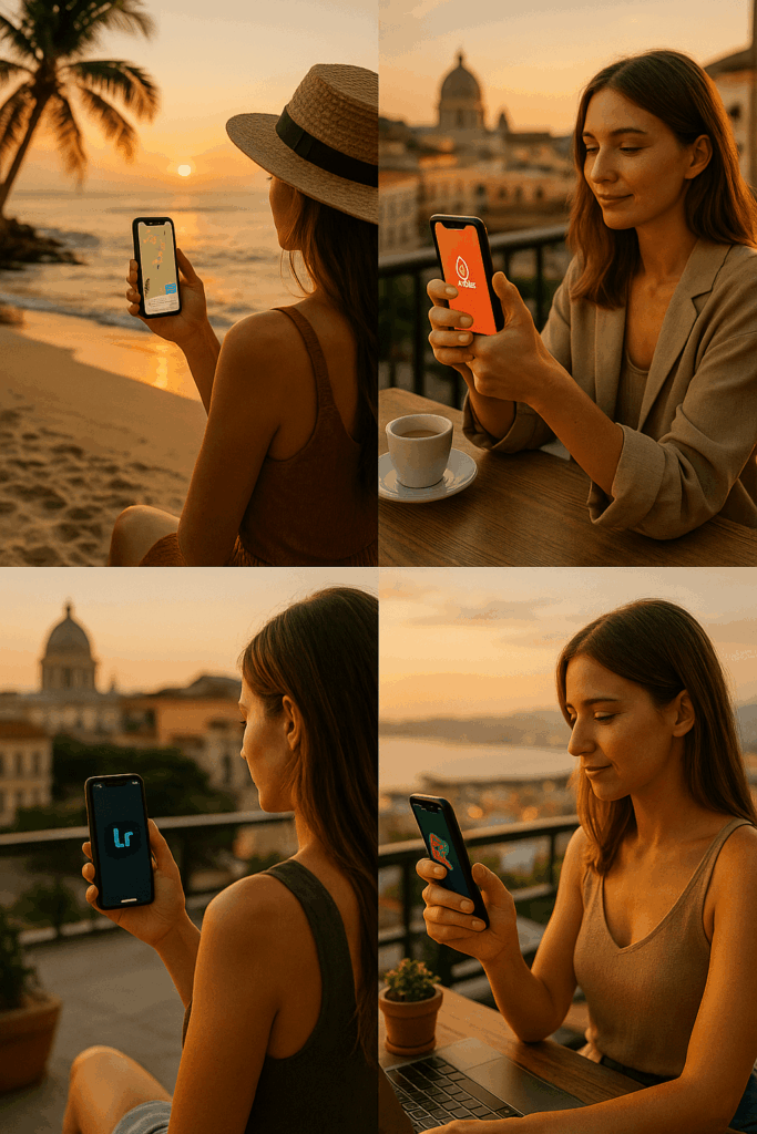 Ultra-realistic travel lifestyle photography, cinematic golden hour tones. Tampilkan influencer muda sedang merawat kulit di destinasi liburan Instagrammable. Visual: traveler wanita stylish mengoleskan sunscreen di pantai, traveler pria menyemprotkan face mist di rooftop café dengan city light, dan traveler memakai sheet mask di hotel dengan jendela besar berlatar kota. Nuansa hangat, glowing skin, modern aesthetic, siap seperti konten Instagram travel & beauty influencer.